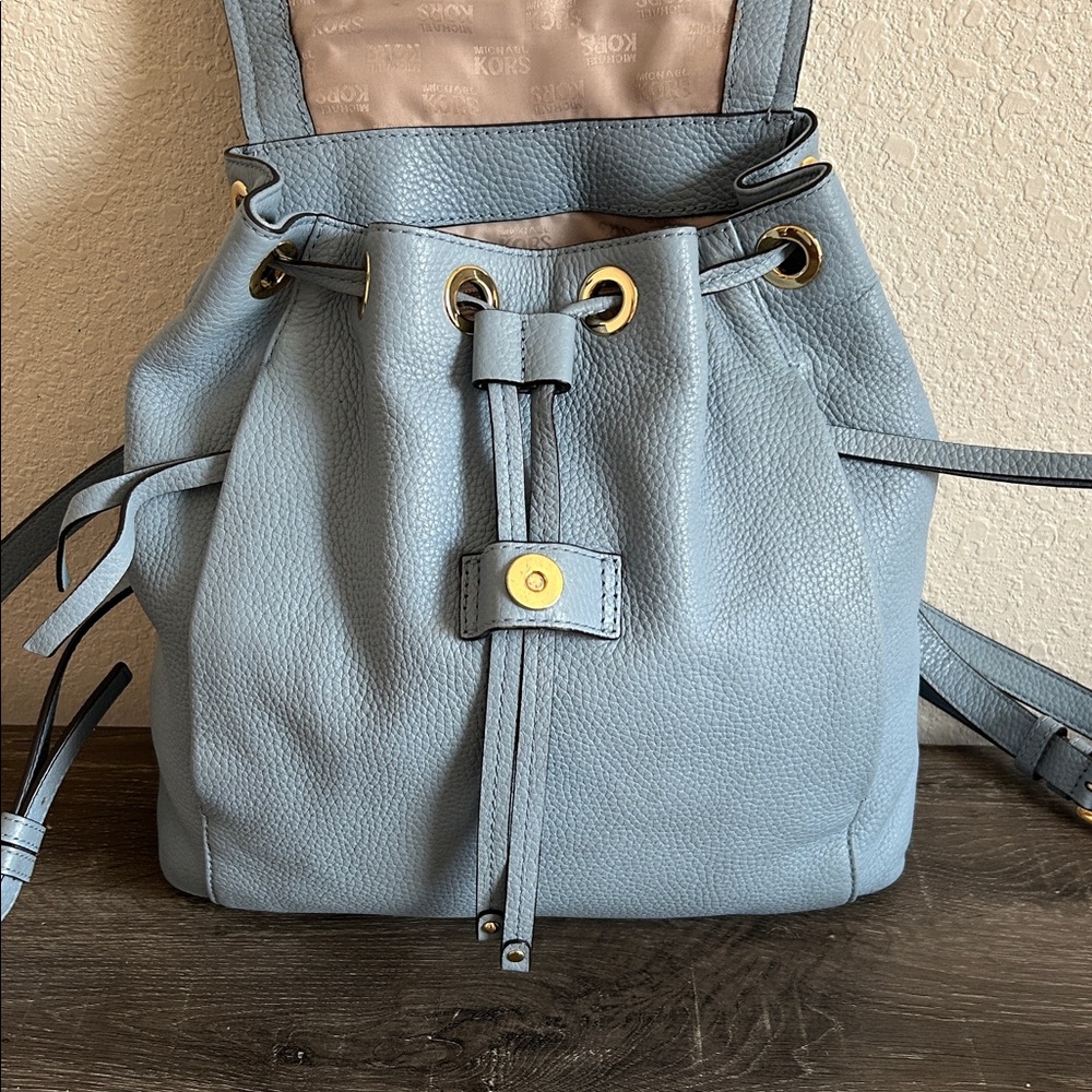 Gold Studded | Drawstring Flap Backpack | Pale Blue - Picture 12 of 17